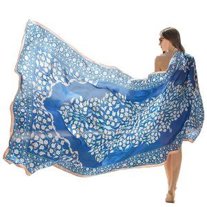 Dana Xu 100% Silk Extra Large Scarf Wrap Blue Pink Floral